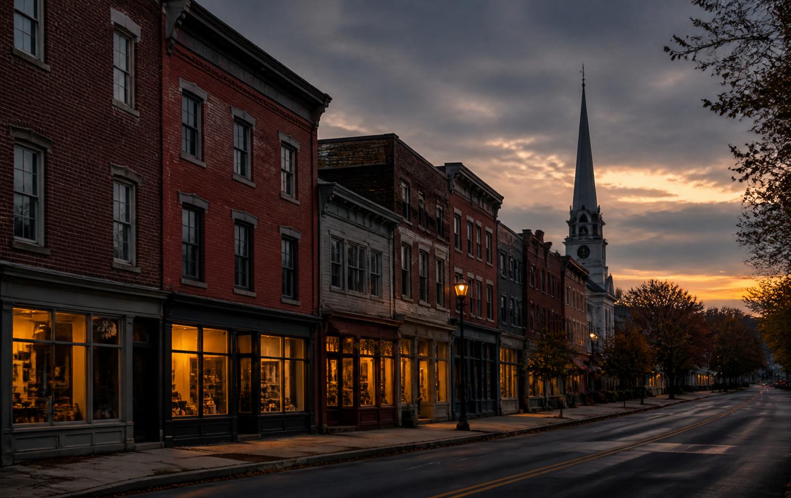 A New England main street of brick storefronts lit at dusk